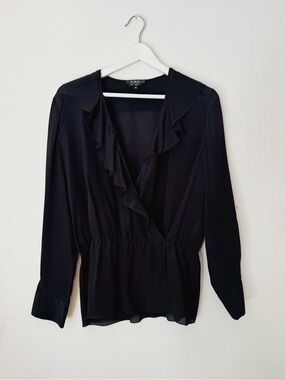A.P.C. Black Silk Ruffle V-neck Wrap Blouse